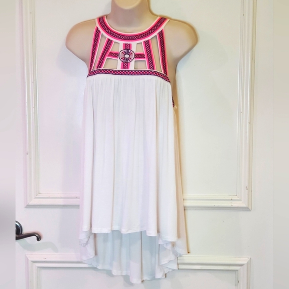 GB Gianni Bini White/ Pink/Purple Embroidered High Low Sleeveless Top, Medium